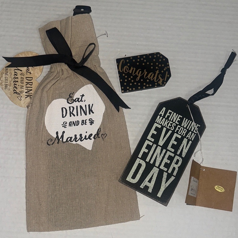 Youngs Inc Wedding Wine Gift Bag Burlap Eat Drink Be Married Wooden Bottle Tags